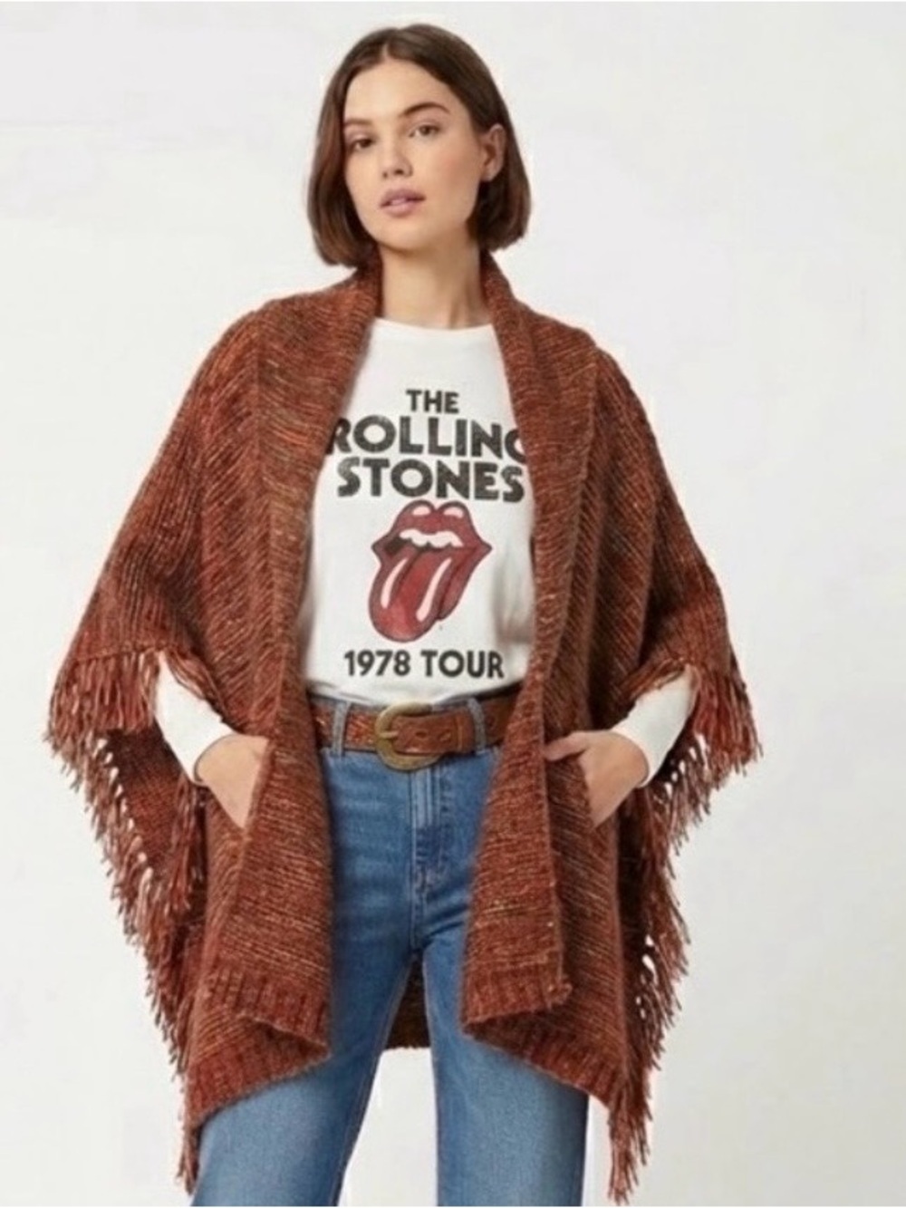 Shaker Knit Open Front Ruana Shawl Poncho w/ Fringe